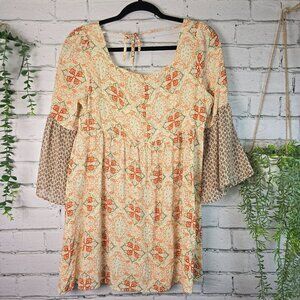 UMGEE BOHO BABY DOLL BLOUSE 3/4 SLEEVE FLOWING TUNIC PULLOVER SIZE SMALL